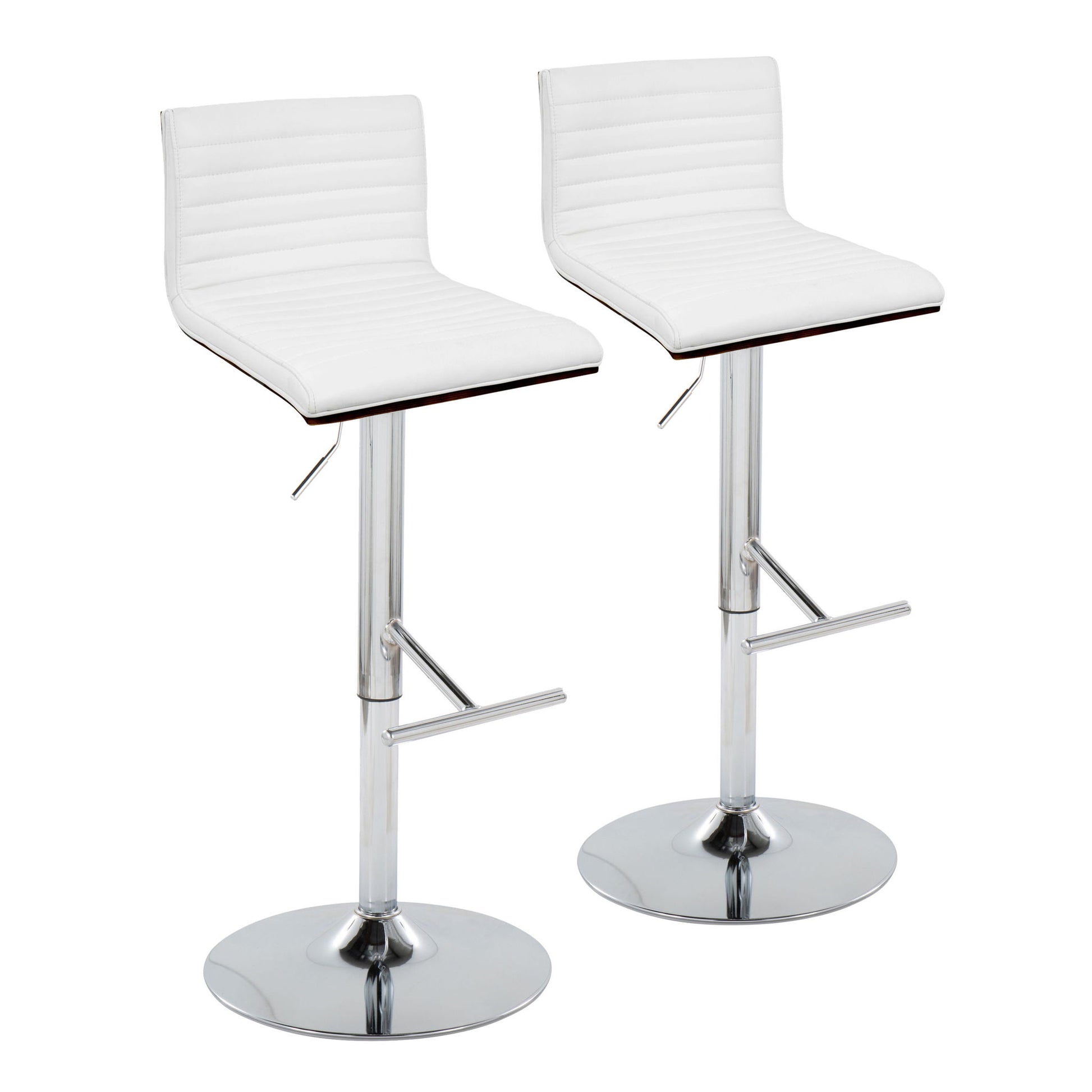 The Mason Contemporary Adjustable Barstools (set of 2) feature cushioned, ribbed white seats and backs, chrome bases with straight T footrests, adjustable height levers, and are shown side by side on a white background.