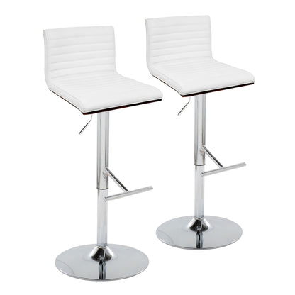 The Mason Contemporary Adjustable Barstools (set of 2) feature cushioned, ribbed white seats and backs, chrome bases with straight T footrests, adjustable height levers, and are shown side by side on a white background.