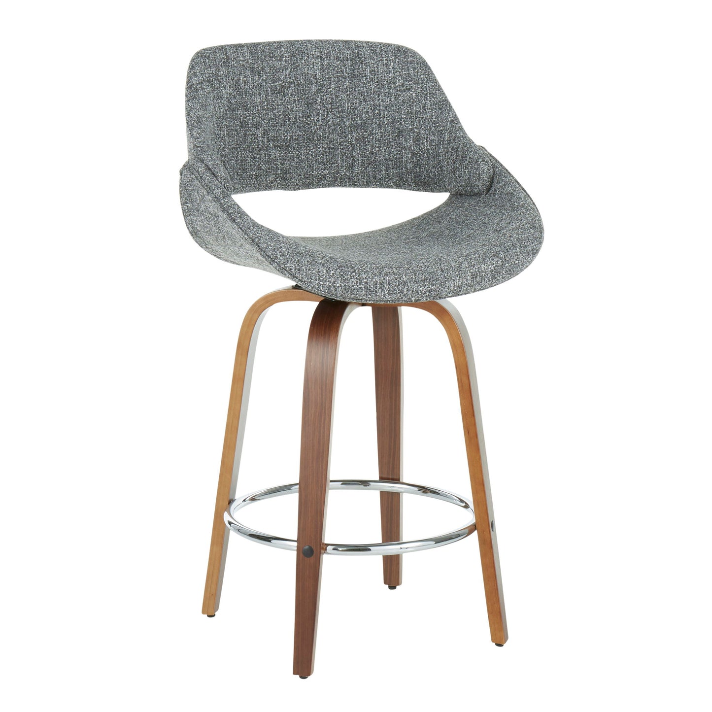 The Fabrico Mid Century Modern Counter Stool (Set of 2) features a curved gray upholstered seat, wooden legs, and a chrome footrest, all set against a plain white background.