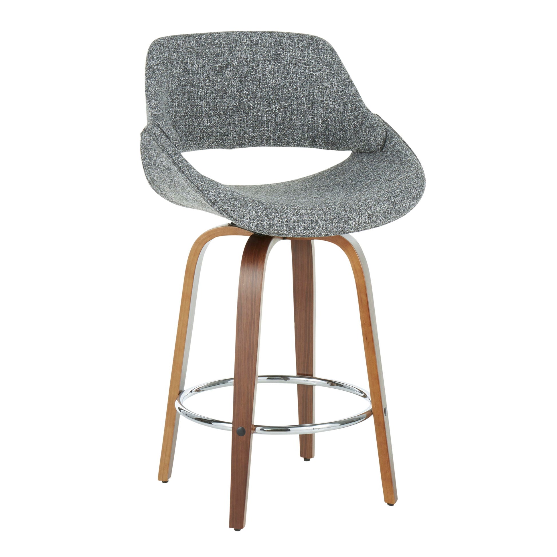 The Fabrico Mid Century Modern Counter Stool (Set of 2) features a curved gray upholstered seat, wooden legs, and a chrome footrest, all set against a plain white background.