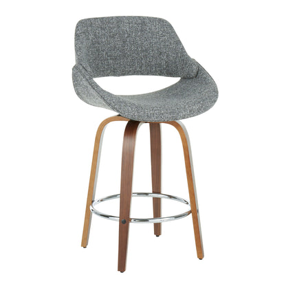 The Fabrico Mid Century Modern Counter Stool (Set of 2) features a curved gray upholstered seat, wooden legs, and a chrome footrest, all set against a plain white background.