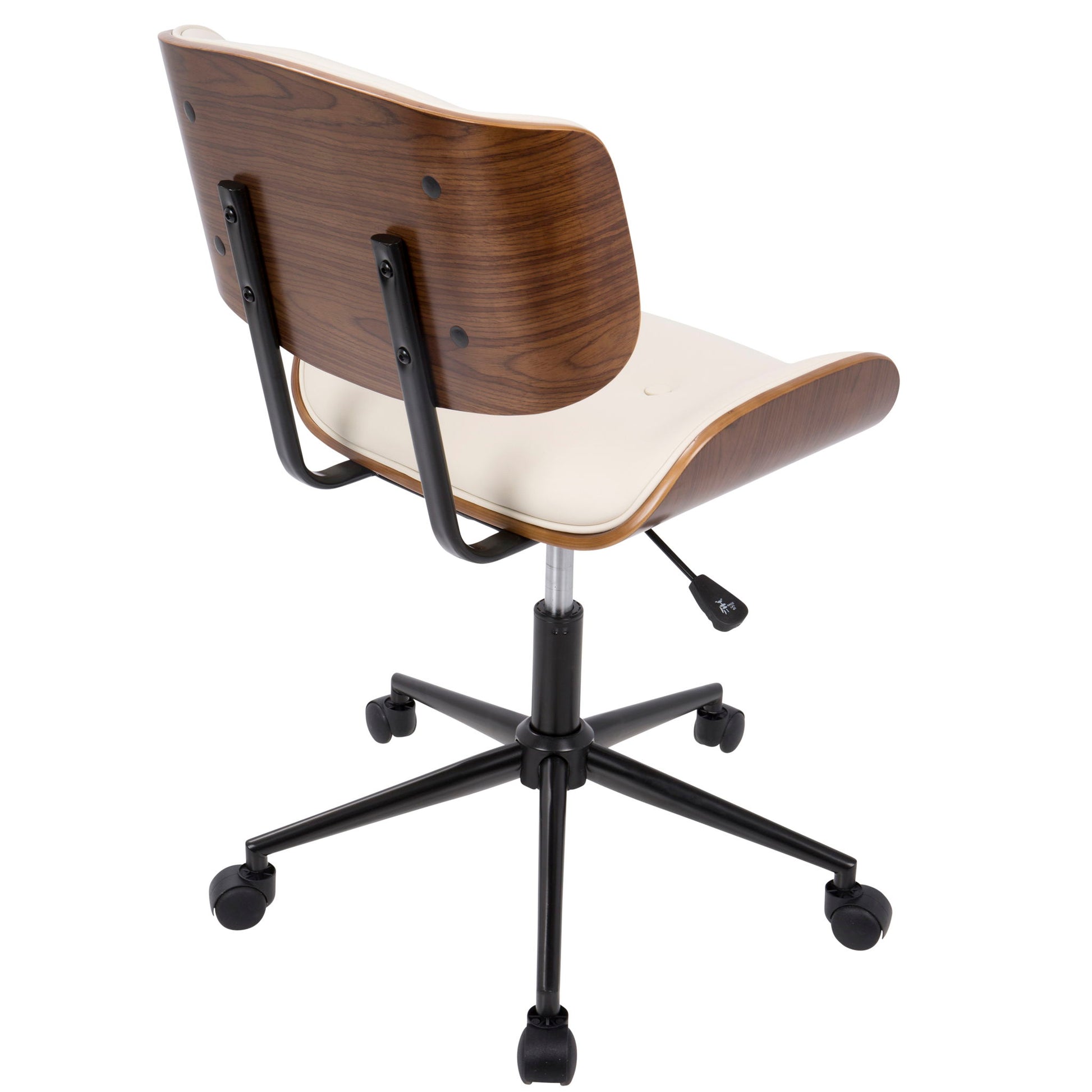 The Lombardi - Mid Century Modern Adjustable Office Chair With Swivel features a wood veneer backrest and seat, cream cushioning, a black metal base, and five caster wheels, shown from the back.