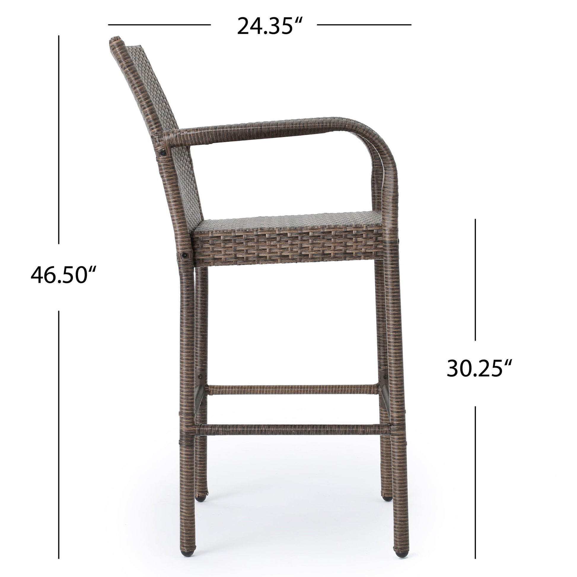 The Outdoor Wicker Barstool with rattan and iron frame features armrests, a backrest, four legs with a footrest, and measures 46.5" high, 30.25" seat height, and 24.35" wide in brown wicker.