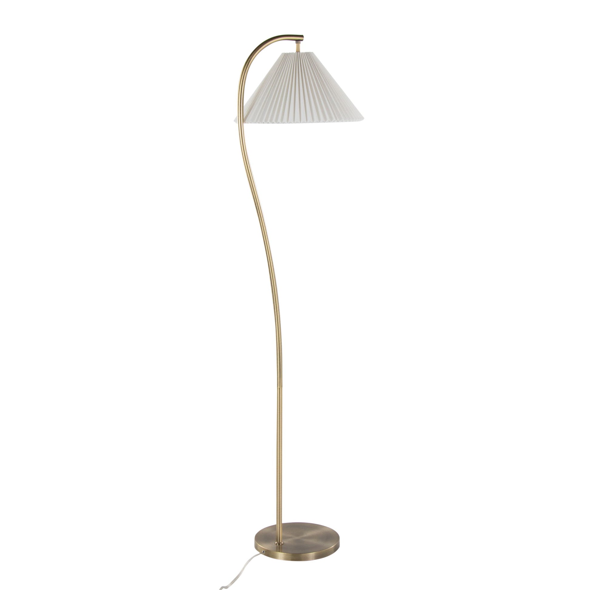 The Cassis - Glam / Art Deco Floor Lamp Pleated in Gold / White features a curved brass stand, circular base, and white pleated lampshade with a visible white cord at the base.