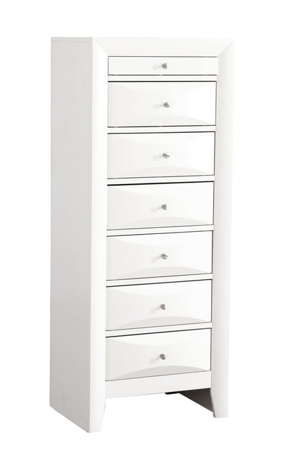 The Marilla 7 Drawer Lingerie Chest is a tall, modern white dresser with seven drawers, each adorned with a small metallic knob. Its sleek design features clean lines and a glossy finish for a contemporary look.