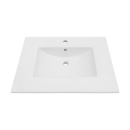 Ceramic Rectangular Bathroom Vanity Top Drop In Single Sink With Pre Drilled Faucet Hole & Built In Overflow Easy Clean Glazed Surface - White