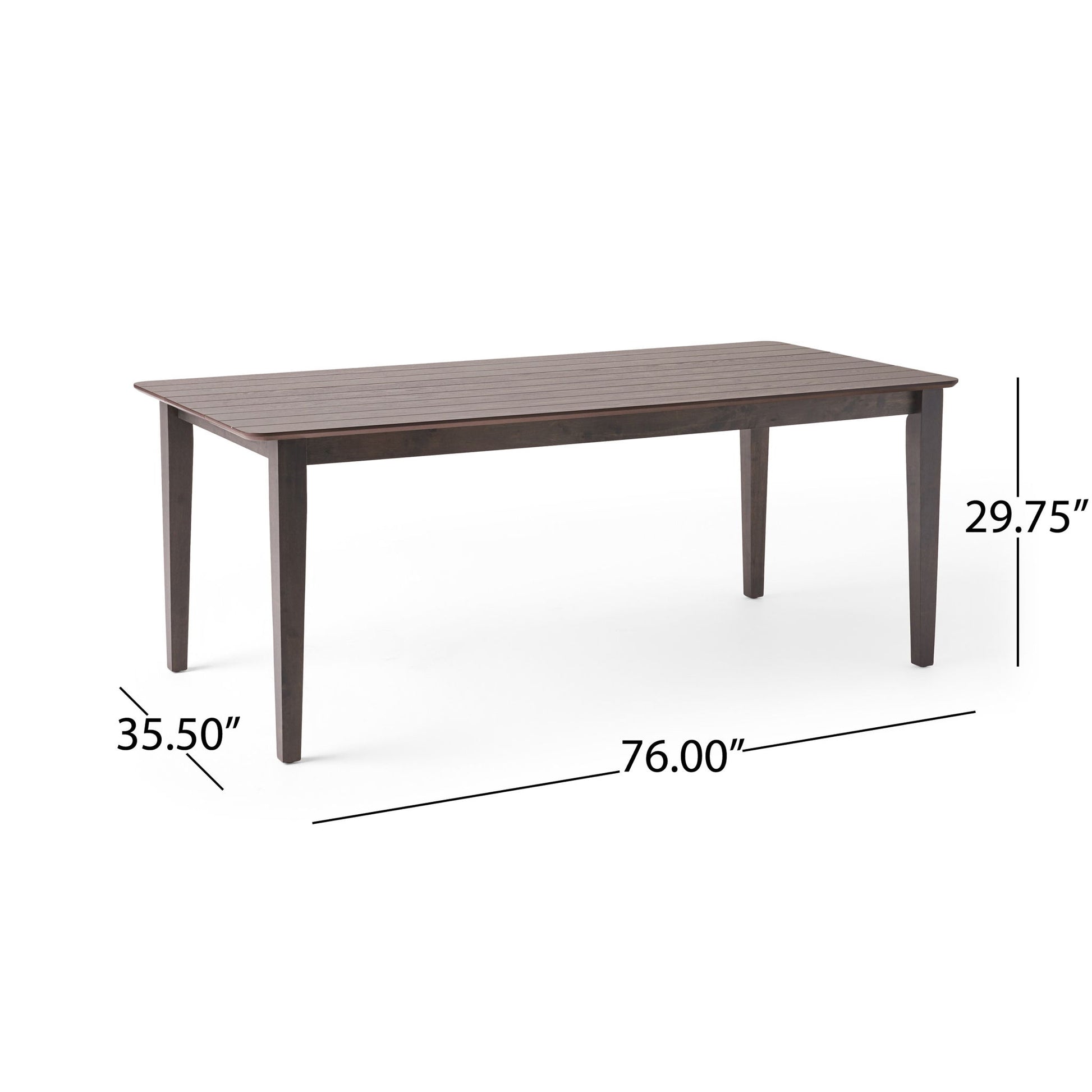 The Farmhouse Charm Dining Table With Square Leg features a dark brown finish, measures 76" L x 35.5" W x 29.75" H, and has four sturdy square legs for a stylish addition to your dining space.