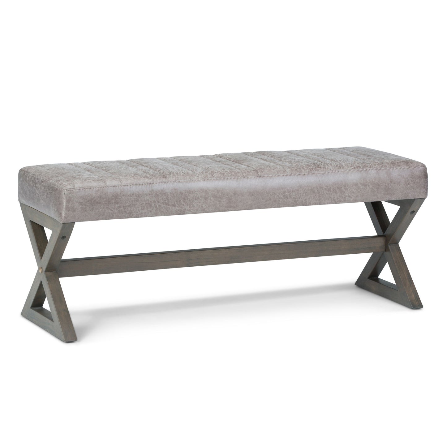 The Salinger - Large Upholstered Ottoman Bench features a light gray cushioned seat with dark wooden X-shaped legs and support bars, shown against a plain white background.
