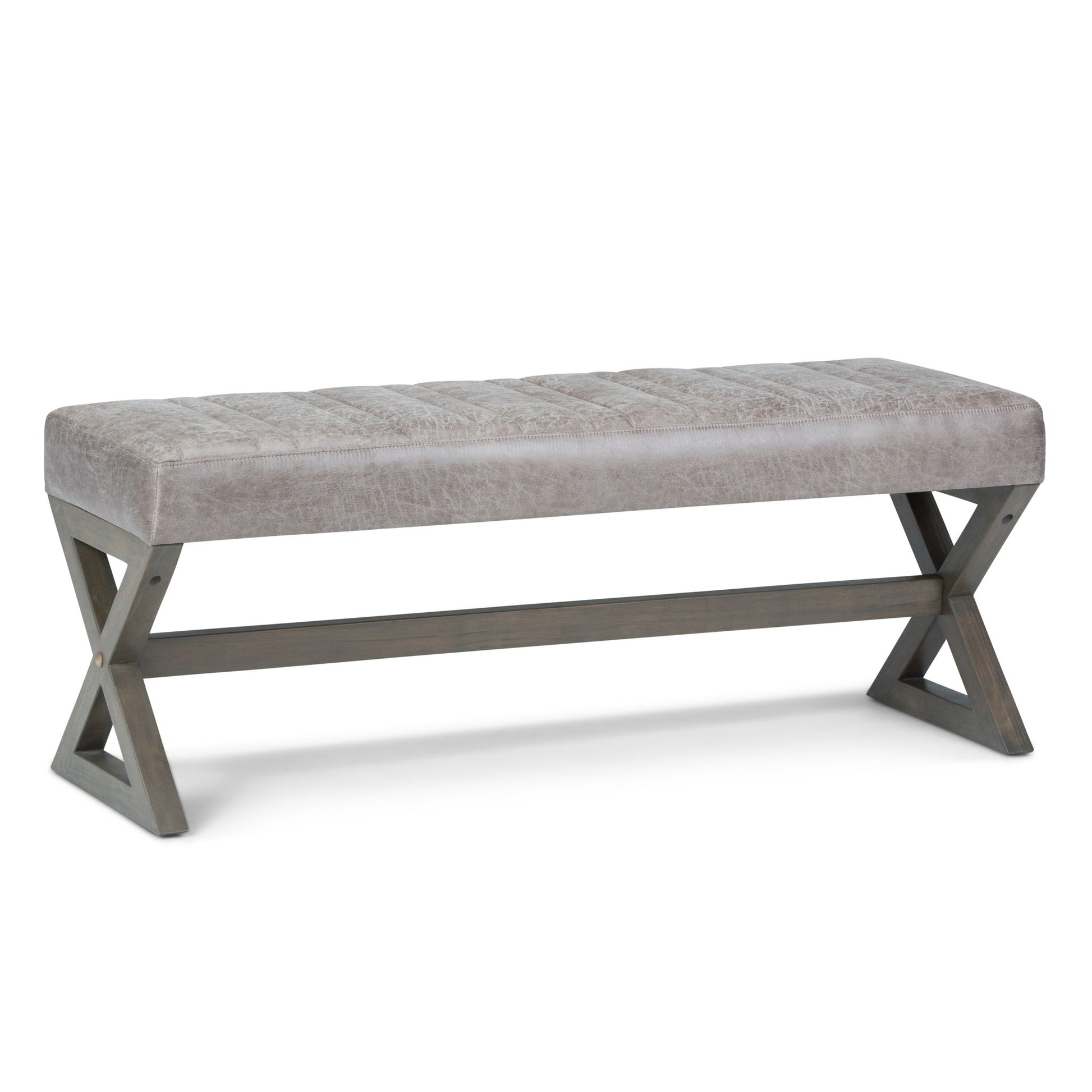 The Salinger - Large Upholstered Ottoman Bench features a light gray cushioned seat with dark wooden X-shaped legs and support bars, shown against a plain white background.