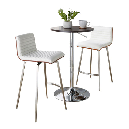 The Mason 3 Piece Swivel Mid Century Modern Counter Height Dining Set features a round dark tabletop with a chrome stand and two white padded bar stools with chrome legs, shown styled with a plant, mug, and plate.