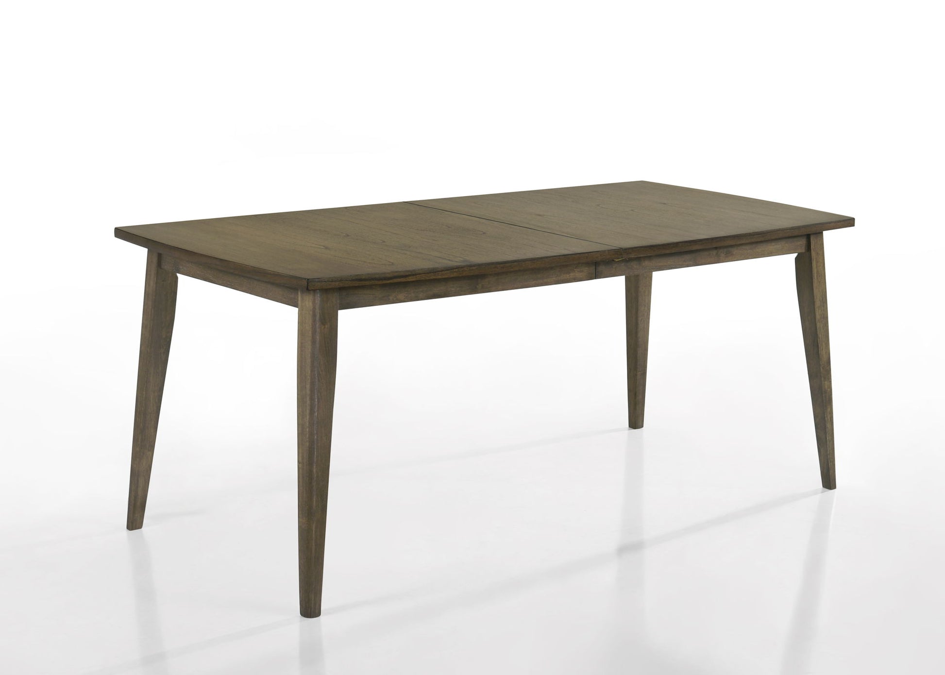 The Bistro Dining Table features a rectangular wooden design with four tapered legs, a smooth dark brown finish, and comes with off white fabric dining chairs, shown against a white background.