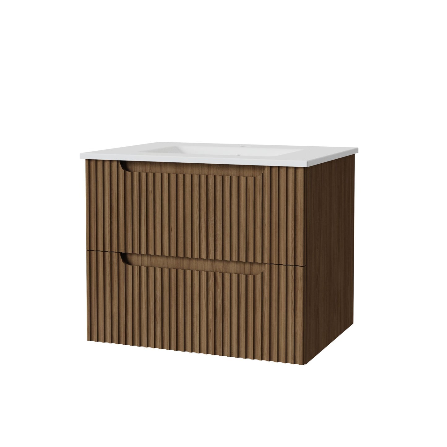 The Wall Mounted Bathroom Vanity With Sink features two front drawers with vertical slats and a white countertop with an integrated sink, pictured against a plain white background.