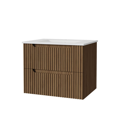 The Wall Mounted Bathroom Vanity With Sink features two front drawers with vertical slats and a white countertop with an integrated sink, pictured against a plain white background.