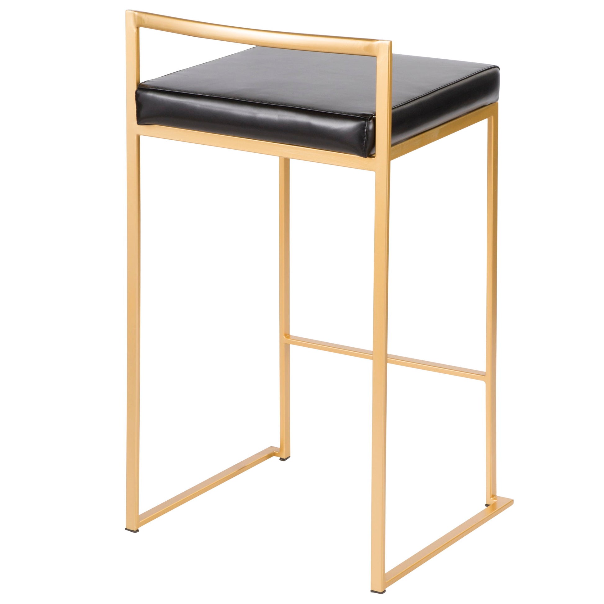 The Fuji Contemporary/Glam Counter Stool (Set of 2) features a gold metal frame, black cushioned seat, minimalist design, low backrest, and open sides for a modern touch.