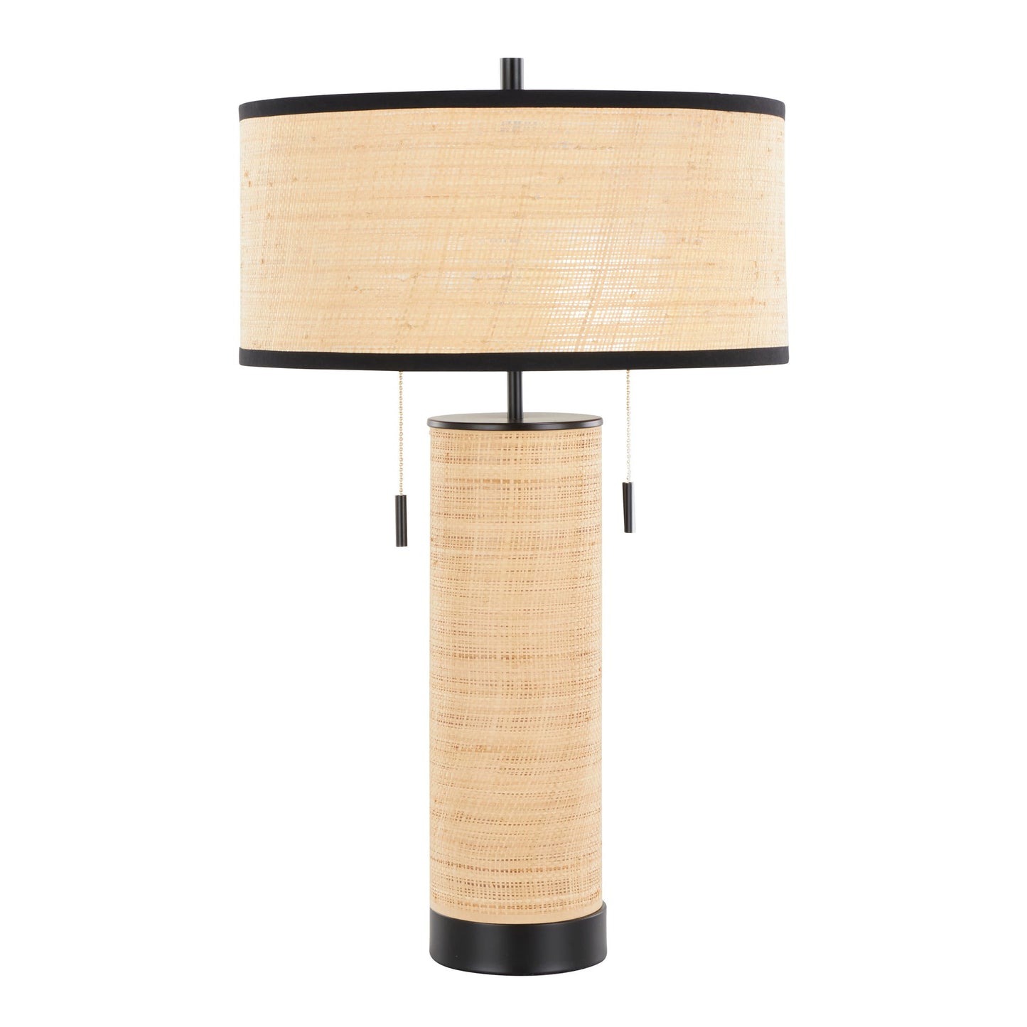 The Cylinder - Rattan Contemporary Rattan Table Lamp features a cylindrical woven beige base, a matching round woven beige lampshade with black trim, and dual pull chains.