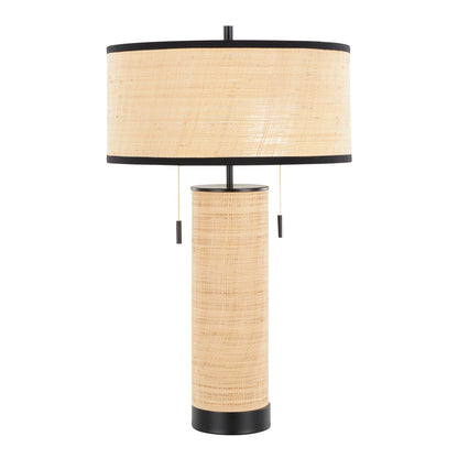The Cylinder - Rattan Contemporary Rattan Table Lamp features a cylindrical woven beige base, a matching round woven beige lampshade with black trim, and dual pull chains.