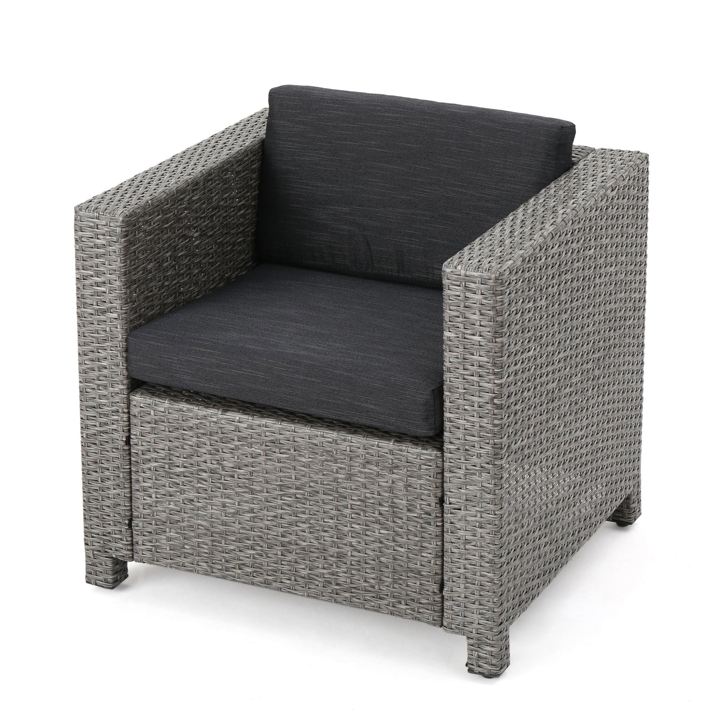 The Stylish Outdoor Club Chair features a square gray wicker frame with black weather-resistant seat and back cushions, shown on a white background.