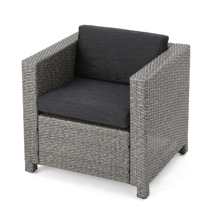 The Stylish Outdoor Club Chair features a square gray wicker frame with black weather-resistant seat and back cushions, shown on a white background.
