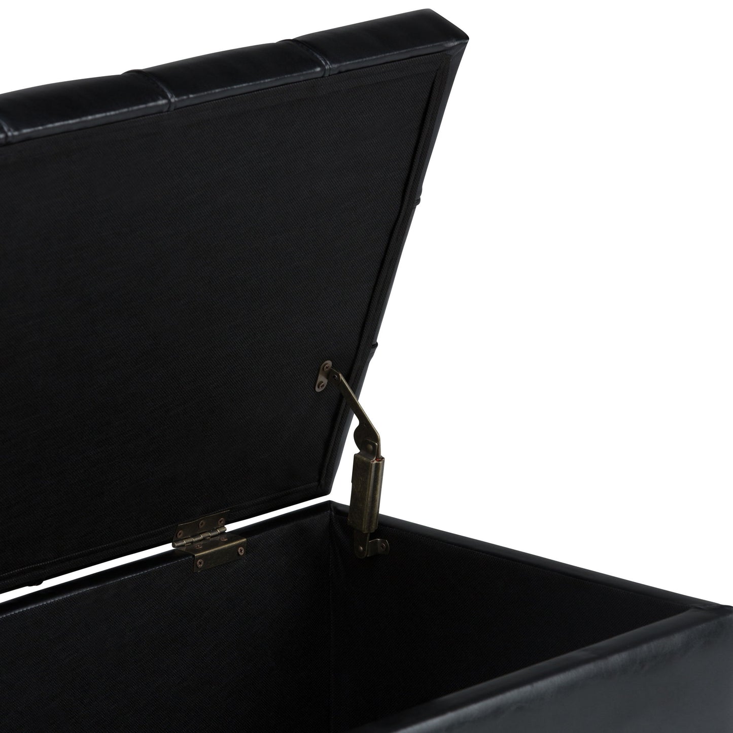 A close-up of the Sienna - Upholstered Storage Ottoman Bench with a padded lid is shown open, revealing its interior and metal hinge. The exterior features sleek faux leather upholstery.