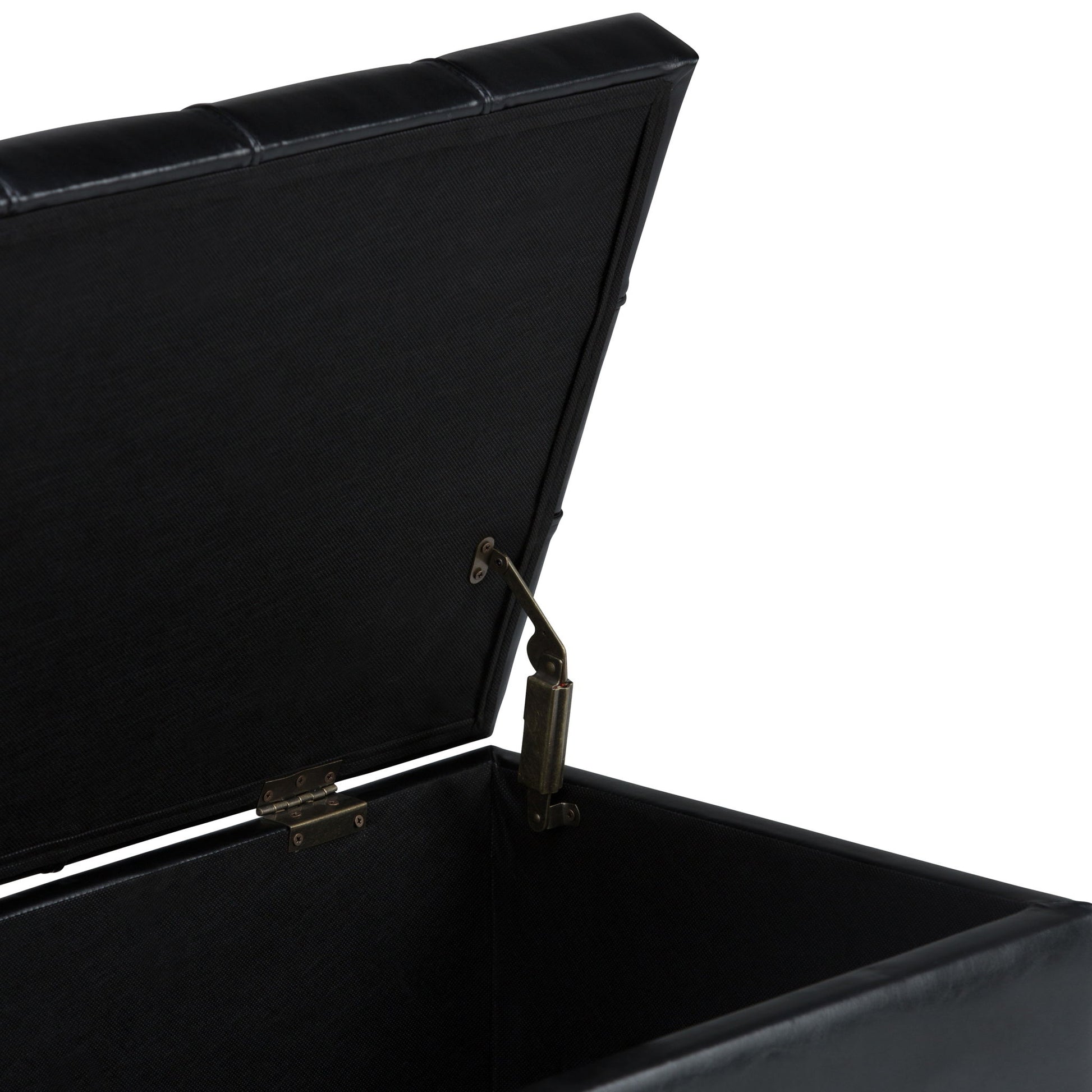 A close-up of the Sienna - Upholstered Storage Ottoman Bench with a padded lid is shown open, revealing its interior and metal hinge. The exterior features sleek faux leather upholstery.