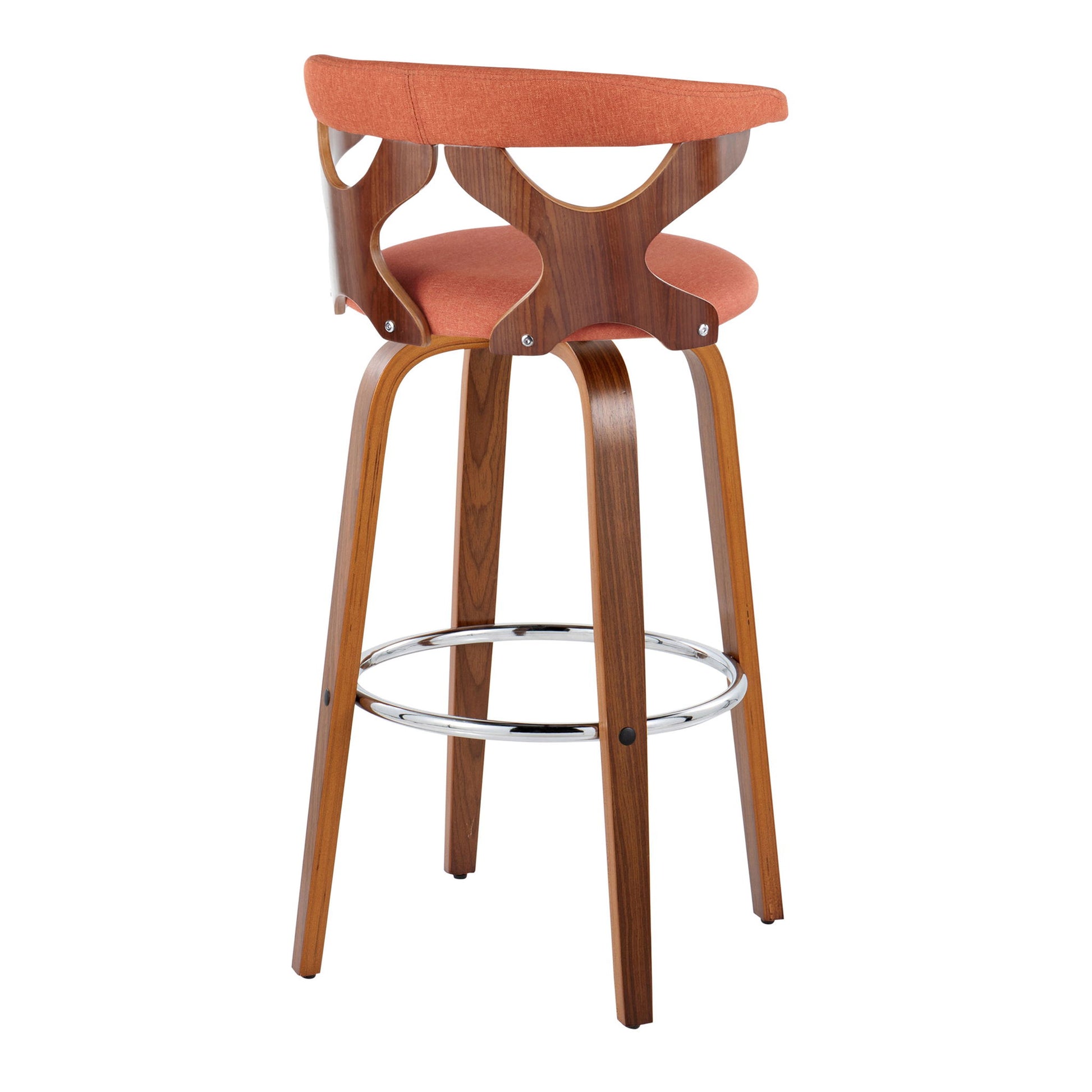 The Gardenia Mid Century Modern Barstool (set of 2) features wooden legs, a round chrome footrest, a curved wooden backrest with open cutouts, and an orange cushioned swivel seat and back for contemporary style.