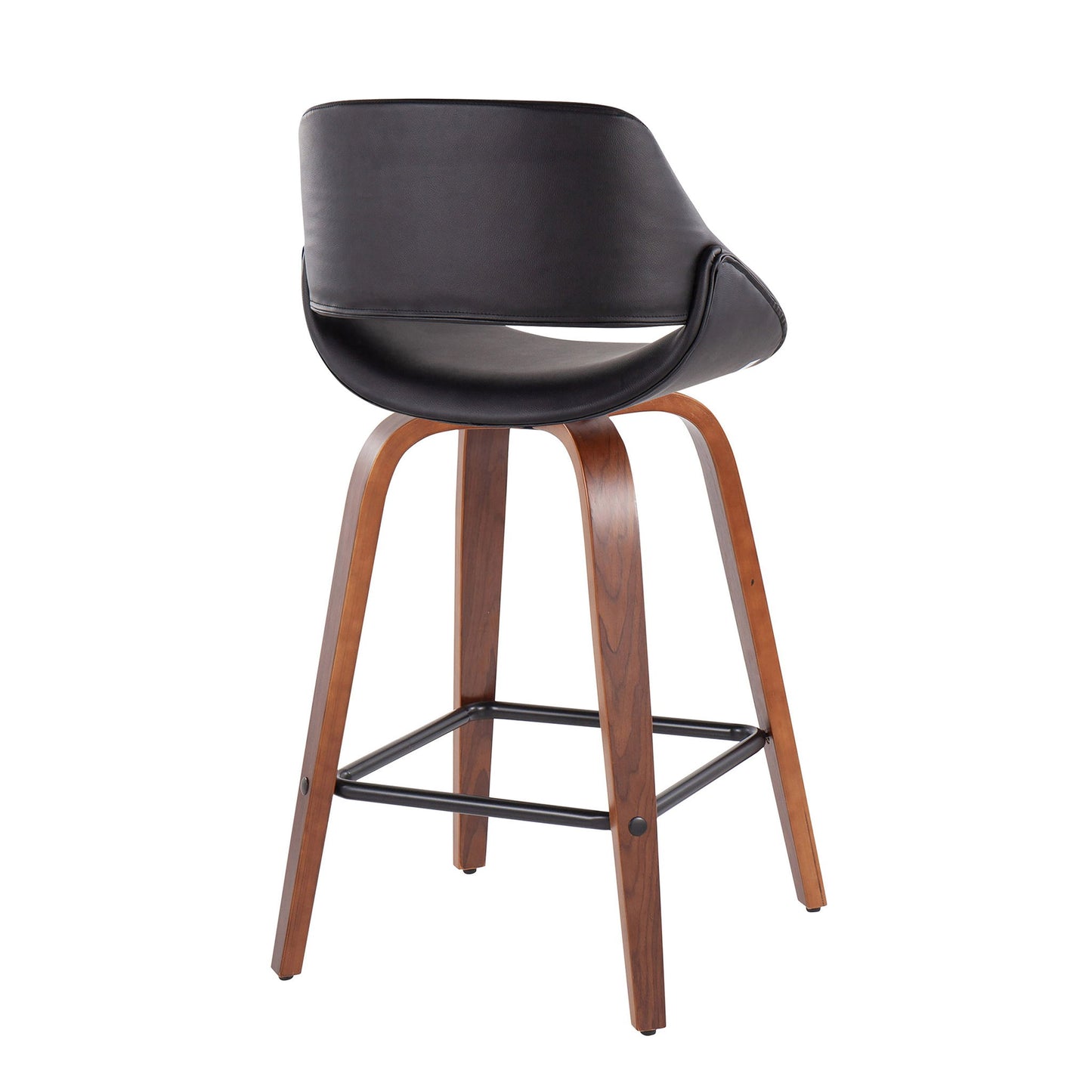 The Fabrico Mid-Century Modern Counter Stool (Set of 2) features a curved black seat with a low backrest, four wooden legs, and a black metal footrest.