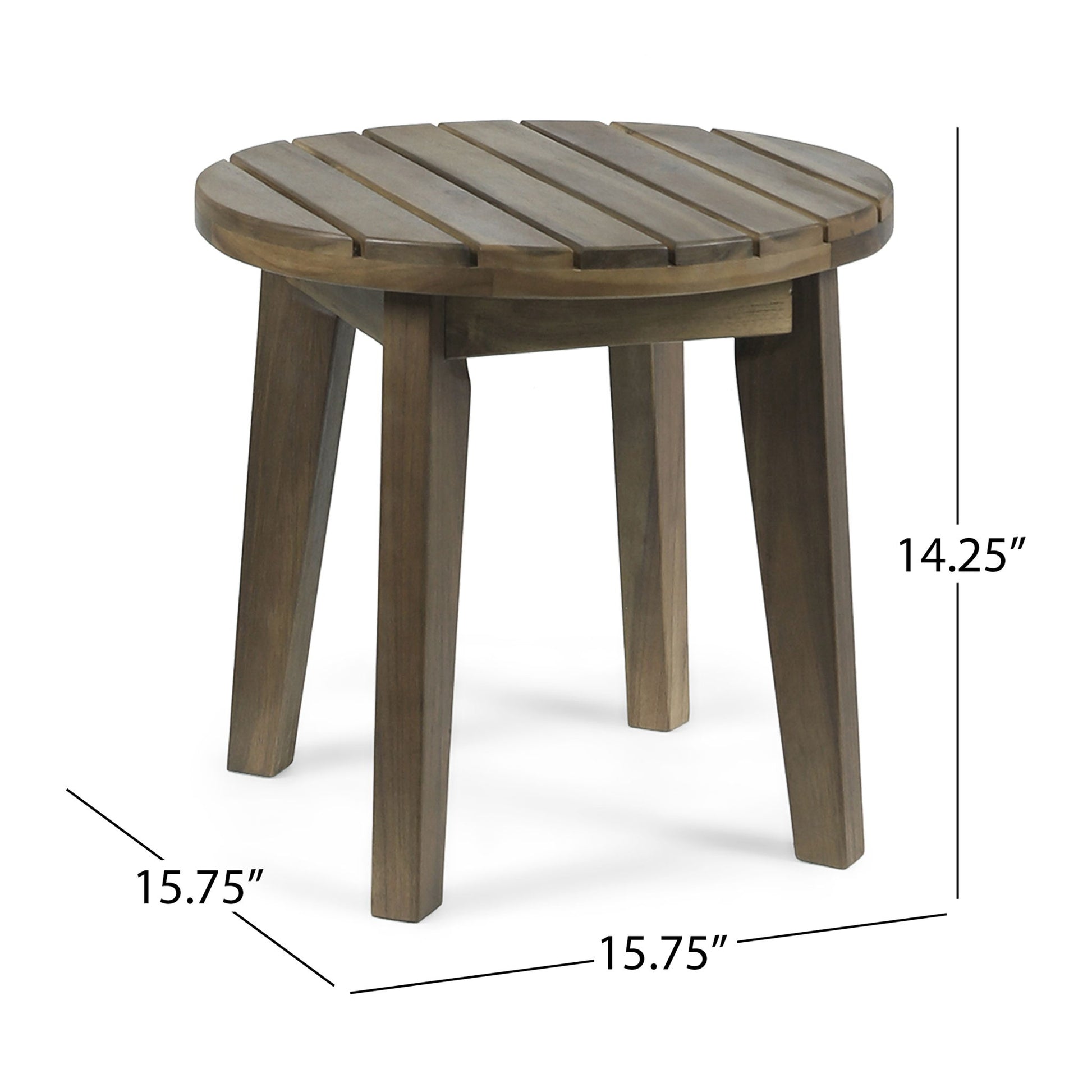 The Outdoor Acacia Wood Side Table features a weather-resistant slatted top, four angled legs, and a rustic finish. Measures 15.75"W x 15.75"D x 14.25"H—perfect for patios or balconies.