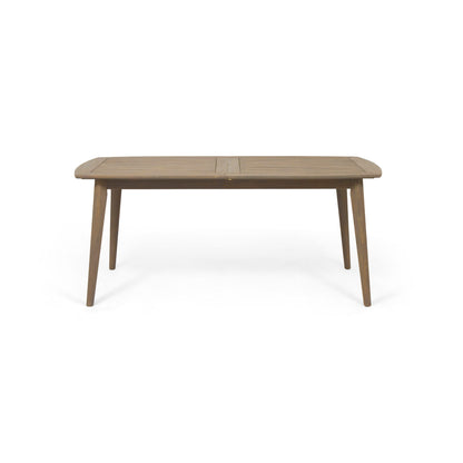 The Placidity Outdoor Expandable Dining Table features a slatted rectangular tabletop with tapered legs, showcased against a plain white background.
