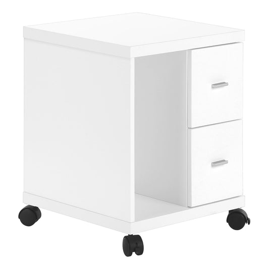 The Office Rolling File Cabinet is a mobile white storage unit with two drawers, an open shelf, black caster wheels, and silver handles—perfect as a printer cart or contemporary file cabinet.