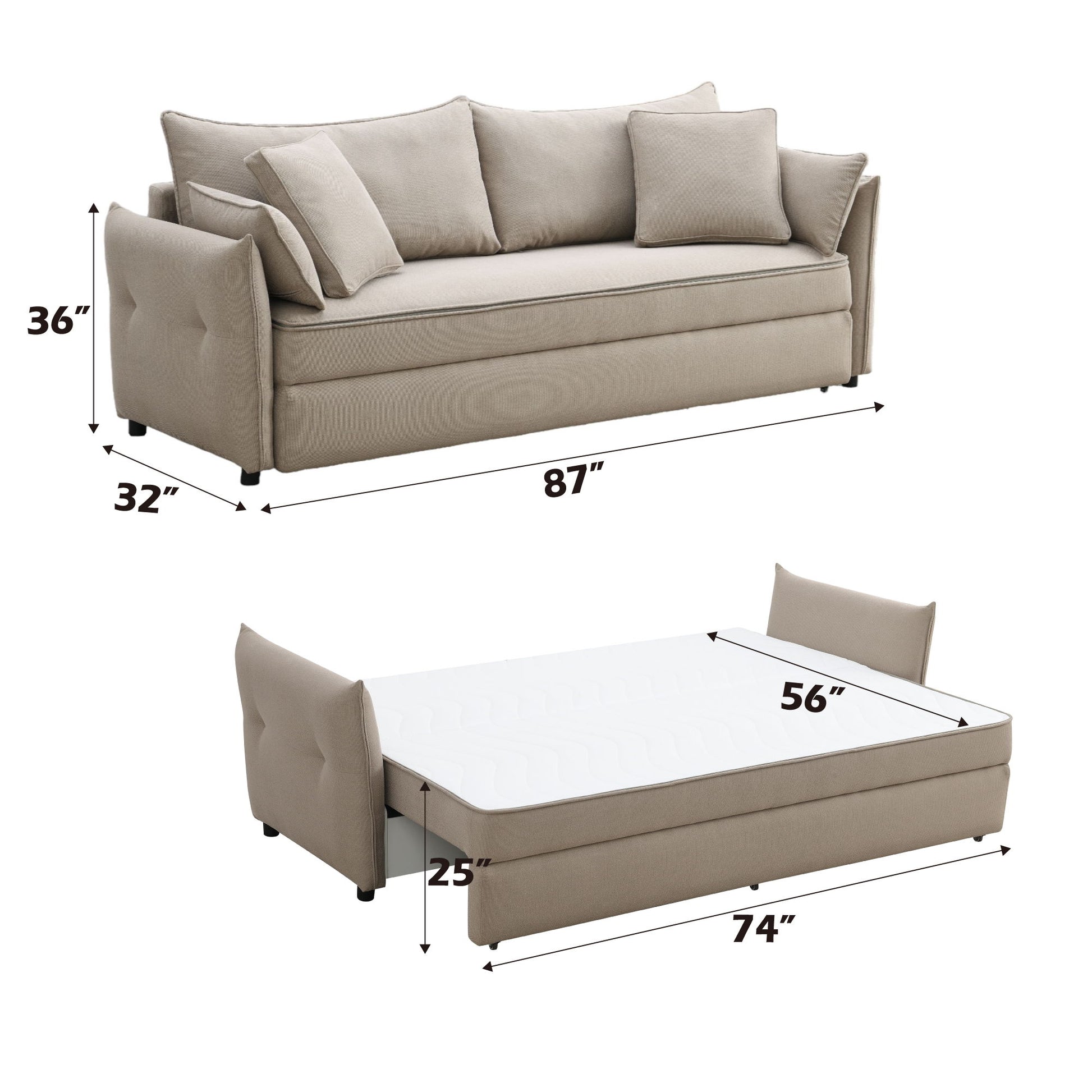 The Irina - Pull Out Sleep With Storage is a tan sofa with three cushions, shown upright (87"W x 32"D x 36"H) and as a bed (74"L x 56"W x 25"H).