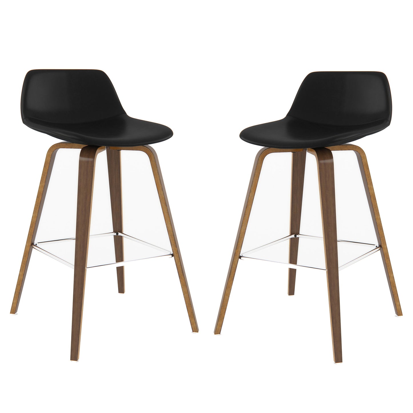 A set of two Randolph Bentwood bar stools with black seats, curved wooden legs, and metal footrests are placed side by side against a white background.