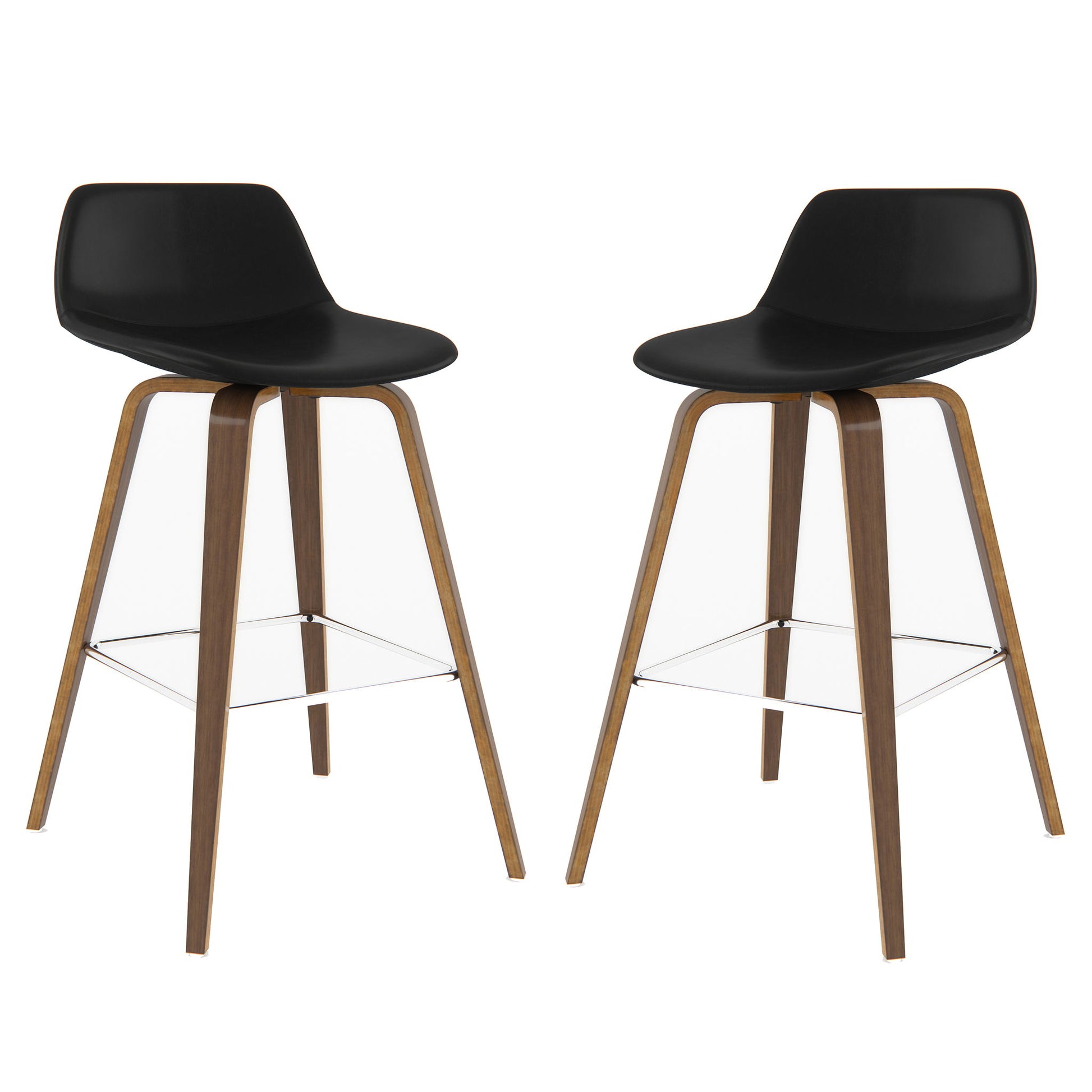 A set of two Randolph Bentwood bar stools with black seats, curved wooden legs, and metal footrests are placed side by side against a white background.