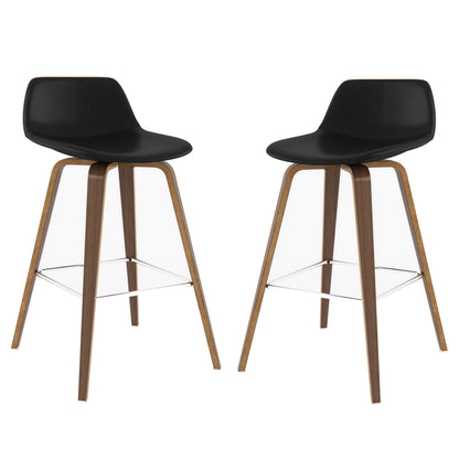 A set of two Randolph Bentwood bar stools with black seats, curved wooden legs, and metal footrests are placed side by side against a white background.