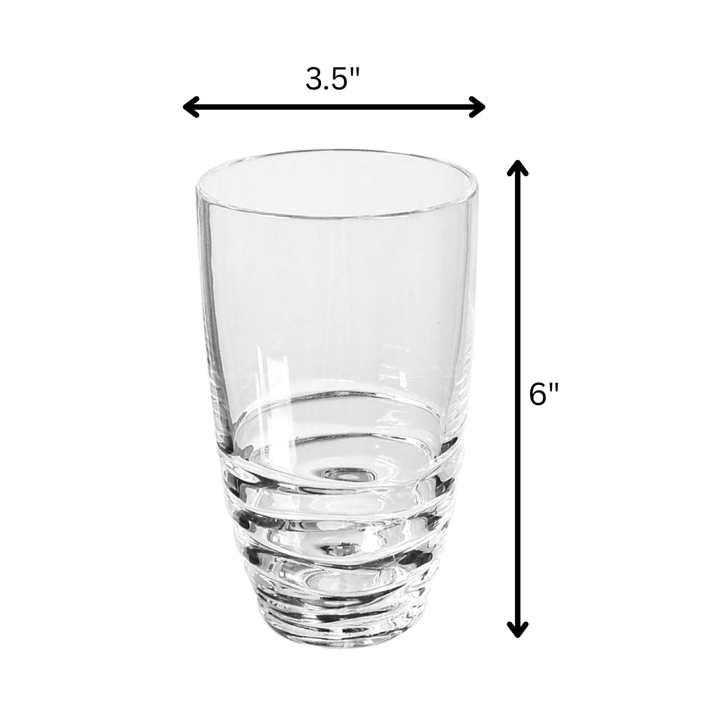 A Leading Ware Swirl Acrylic Glass from the set of 4, measuring 6 inches tall and 3.5 inches in top diameter, is shown with black arrows indicating its dimensions.