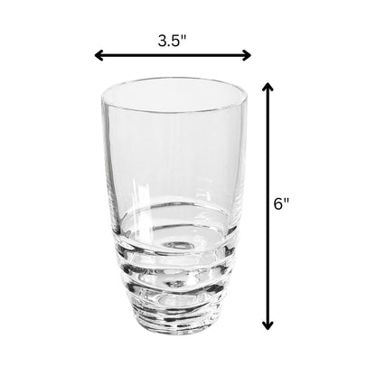 A Leading Ware Swirl Acrylic Glass from the set of 4, measuring 6 inches tall and 3.5 inches in top diameter, is shown with black arrows indicating its dimensions.