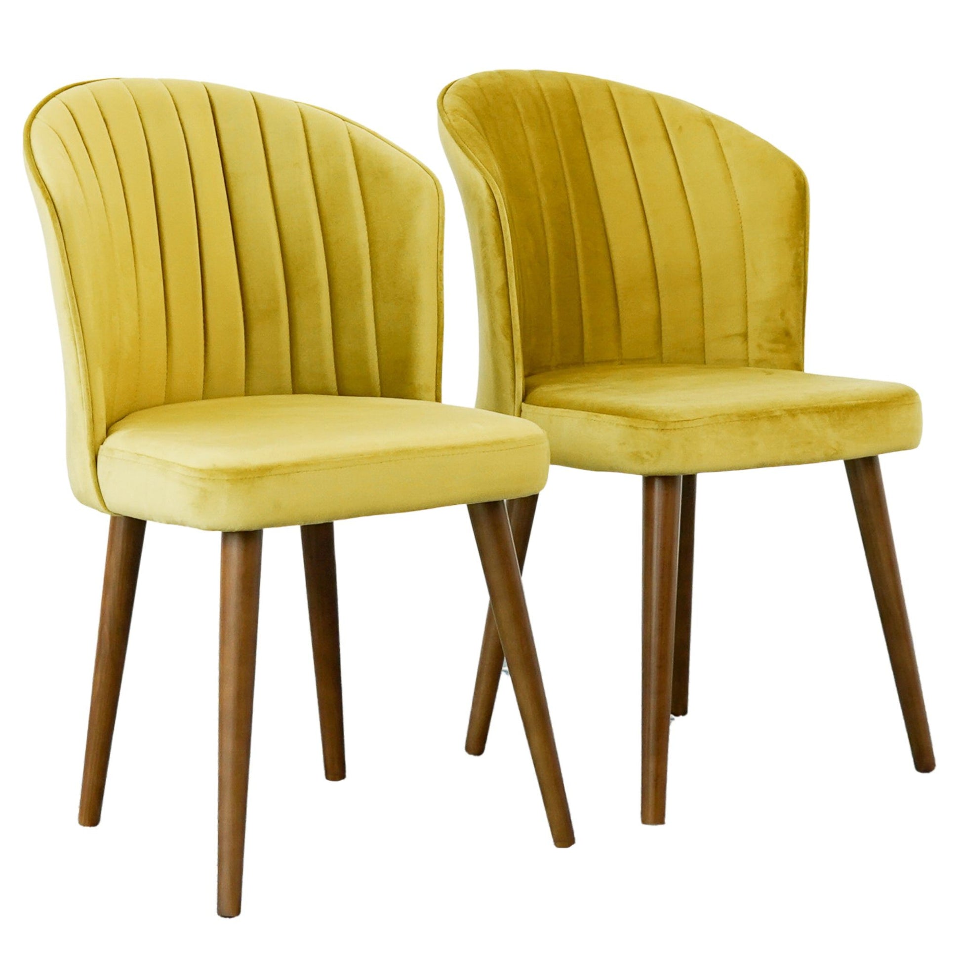 A set of two Parsons Comfortable Dining Chairs in yellow velvet with curved backs, vertical stitching, and wooden legs are shown side by side on a white background.