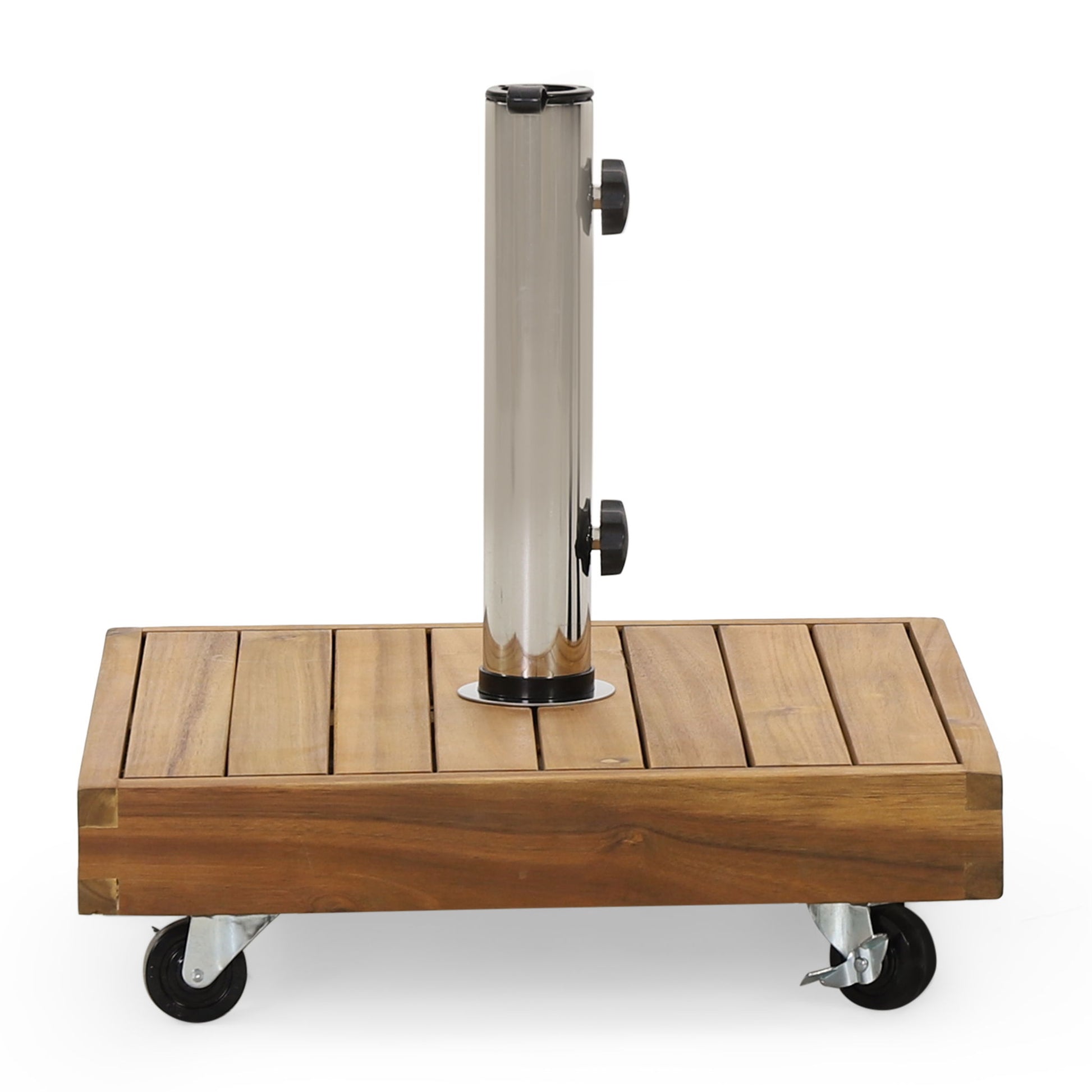 The Ralph Square Umbrella Base features a teak wooden base with four black caster wheels and a central metal pole with two adjustment knobs.