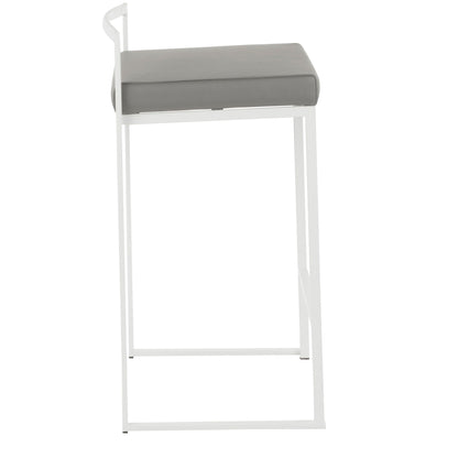 The Fuji - Simple Elegance, Contemporary Stackable Counter Stool features a minimalist, armless design with a thin white metal frame and a rectangular gray cushioned seat, viewed from the front. No back support included.