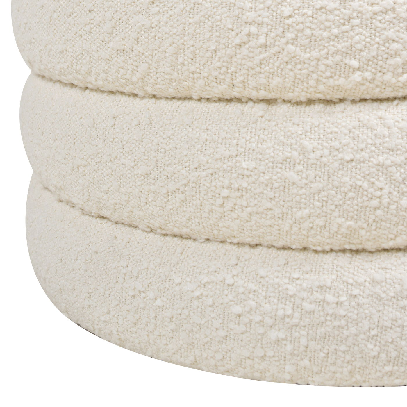 Close-up of the Fuji Oversized Round Storage Ottoman in off-white boucle fabric, featuring textured, cushion-like layers for a soft and cozy look.