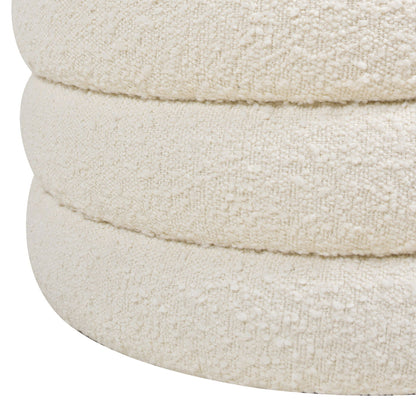 Close-up of the Fuji Oversized Round Storage Ottoman in off-white boucle fabric, featuring textured, cushion-like layers for a soft and cozy look.