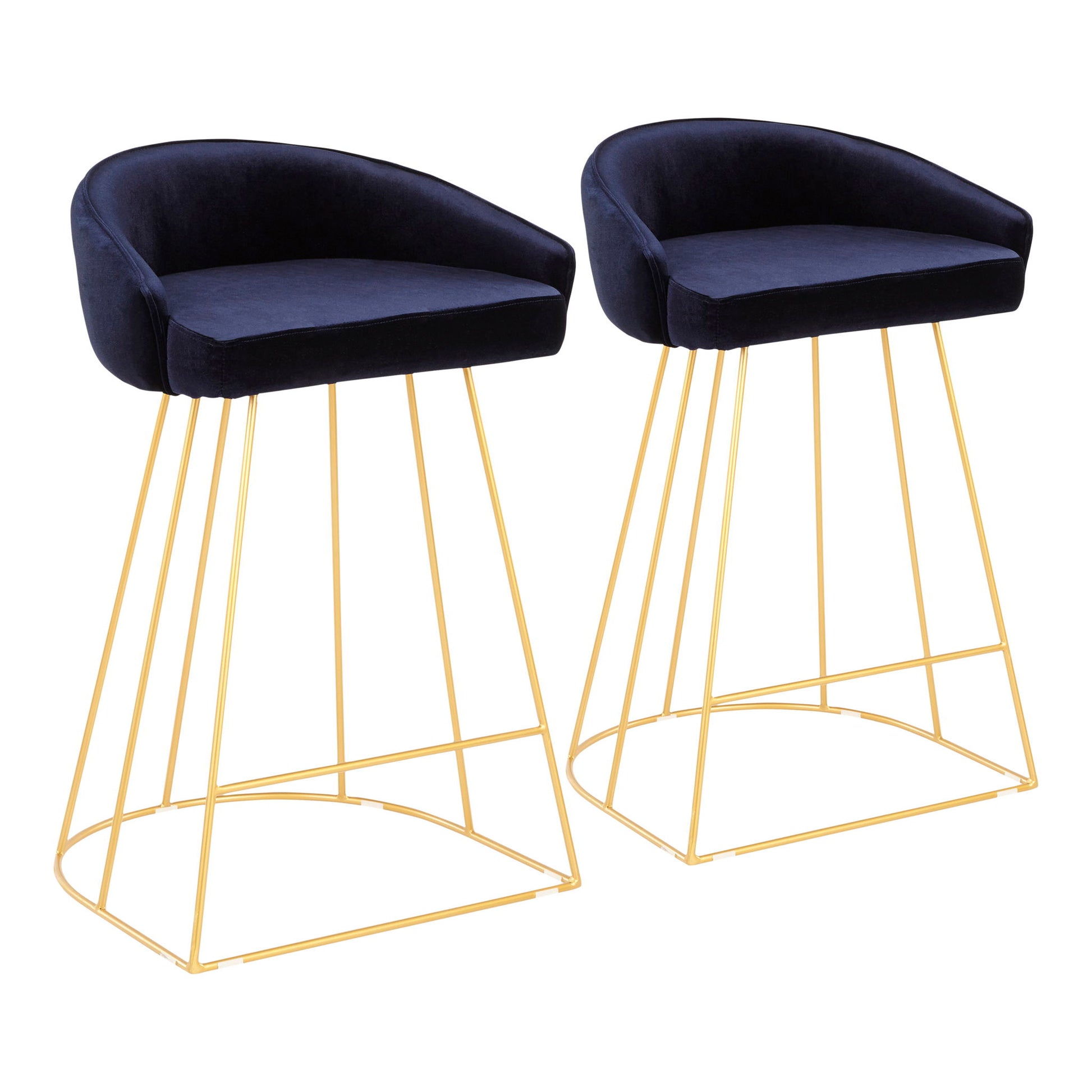 The Canary Contemporary Counter Stool (Set of 2) features plush dark blue seats, curved backs, and gold metal wire bases with geometric designs for a modern, elegant look.