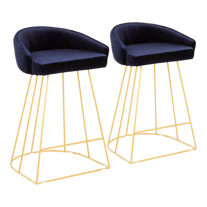 The Canary Contemporary Counter Stool (Set of 2) features plush dark blue seats, curved backs, and gold metal wire bases with geometric designs for a modern, elegant look.