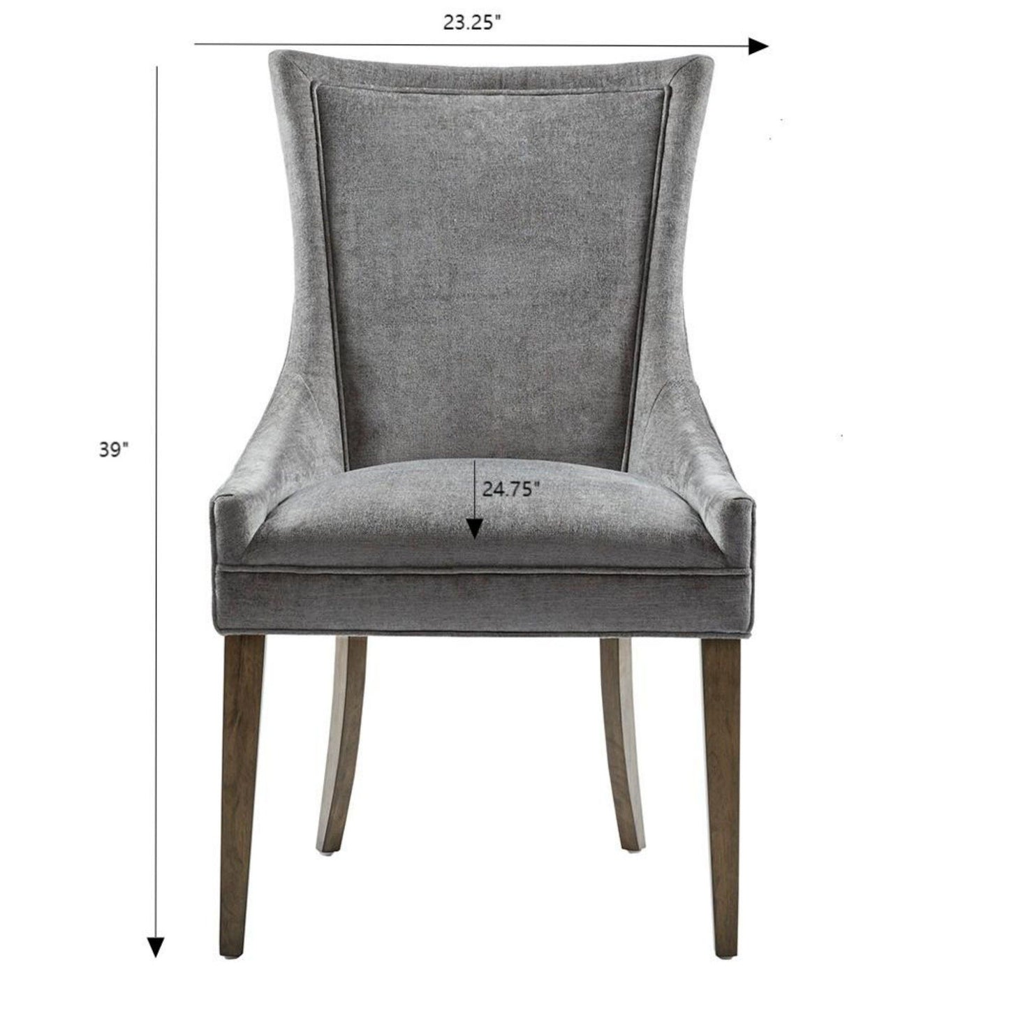 The Ultra - Elegant Dining Side Chair (Set of 2) is shown from the front in gray upholstery with wooden legs. Marked dimensions: 39" high, 23.25" wide at the top, and 24.75" wide across the seat.