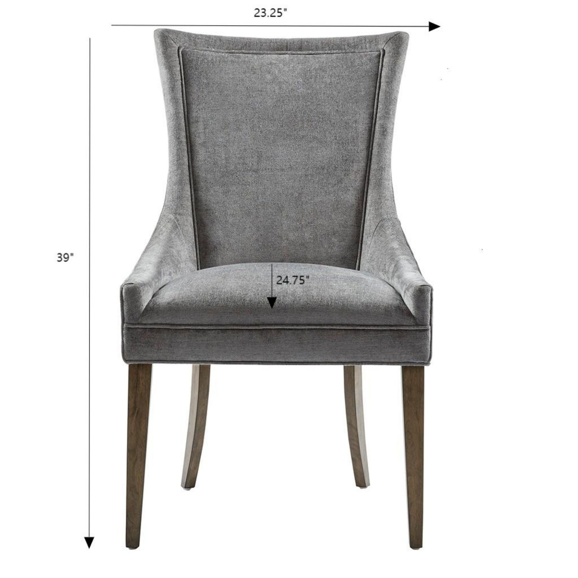 The Ultra - Elegant Dining Side Chair (Set of 2) is shown from the front in gray upholstery with wooden legs. Marked dimensions: 39" high, 23.25" wide at the top, and 24.75" wide across the seat.