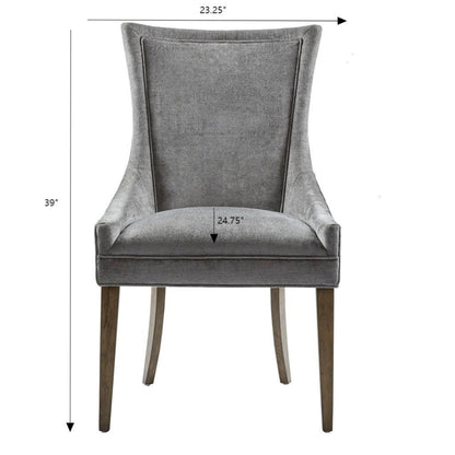 The Ultra - Elegant Dining Side Chair (Set of 2) is shown from the front in gray upholstery with wooden legs. Marked dimensions: 39" high, 23.25" wide at the top, and 24.75" wide across the seat.