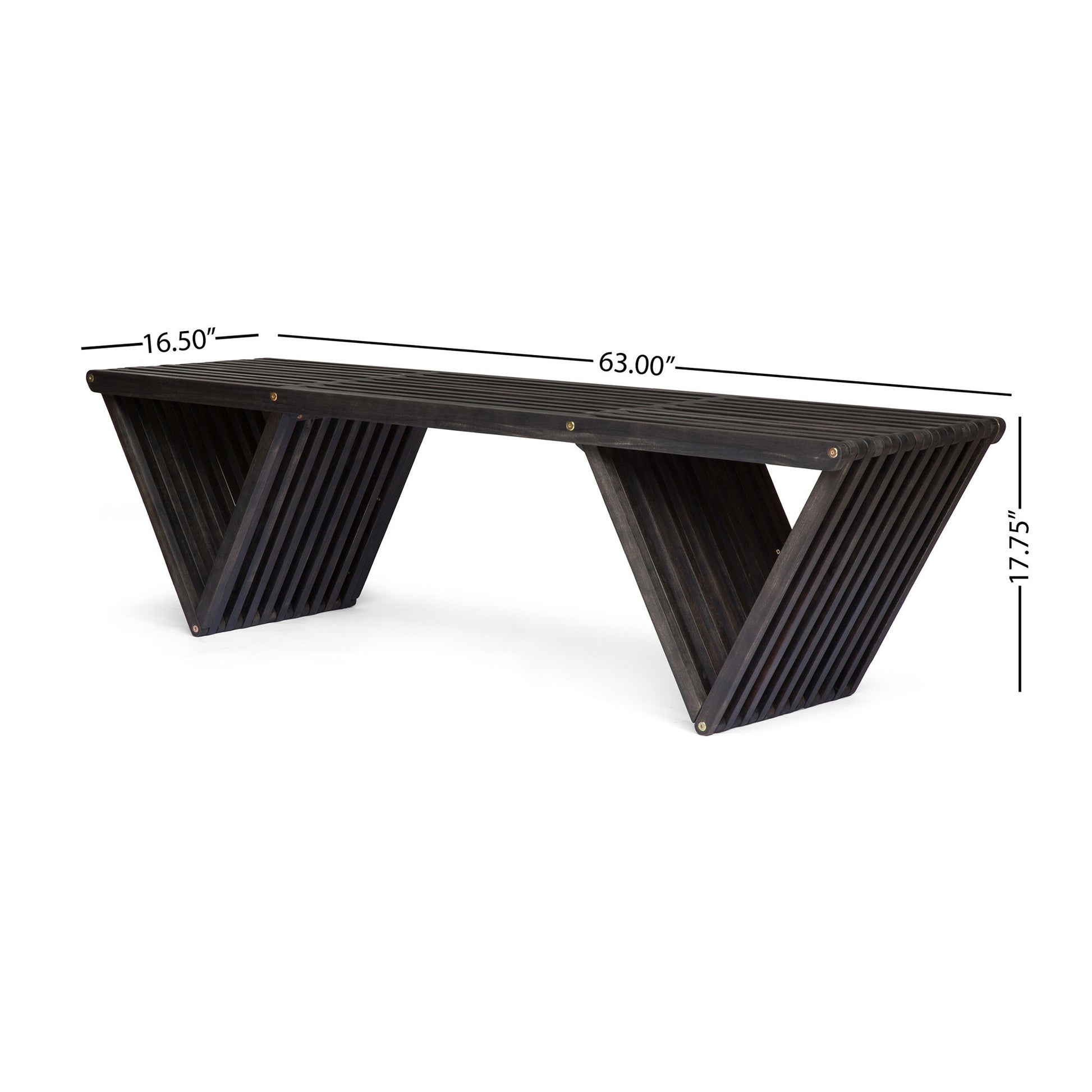 The Gloaming Outdoor Bench features a dark wood slat design, triangular base, and measures 63"W x 16.5"D x 17.75"H—perfect for modern spaces.