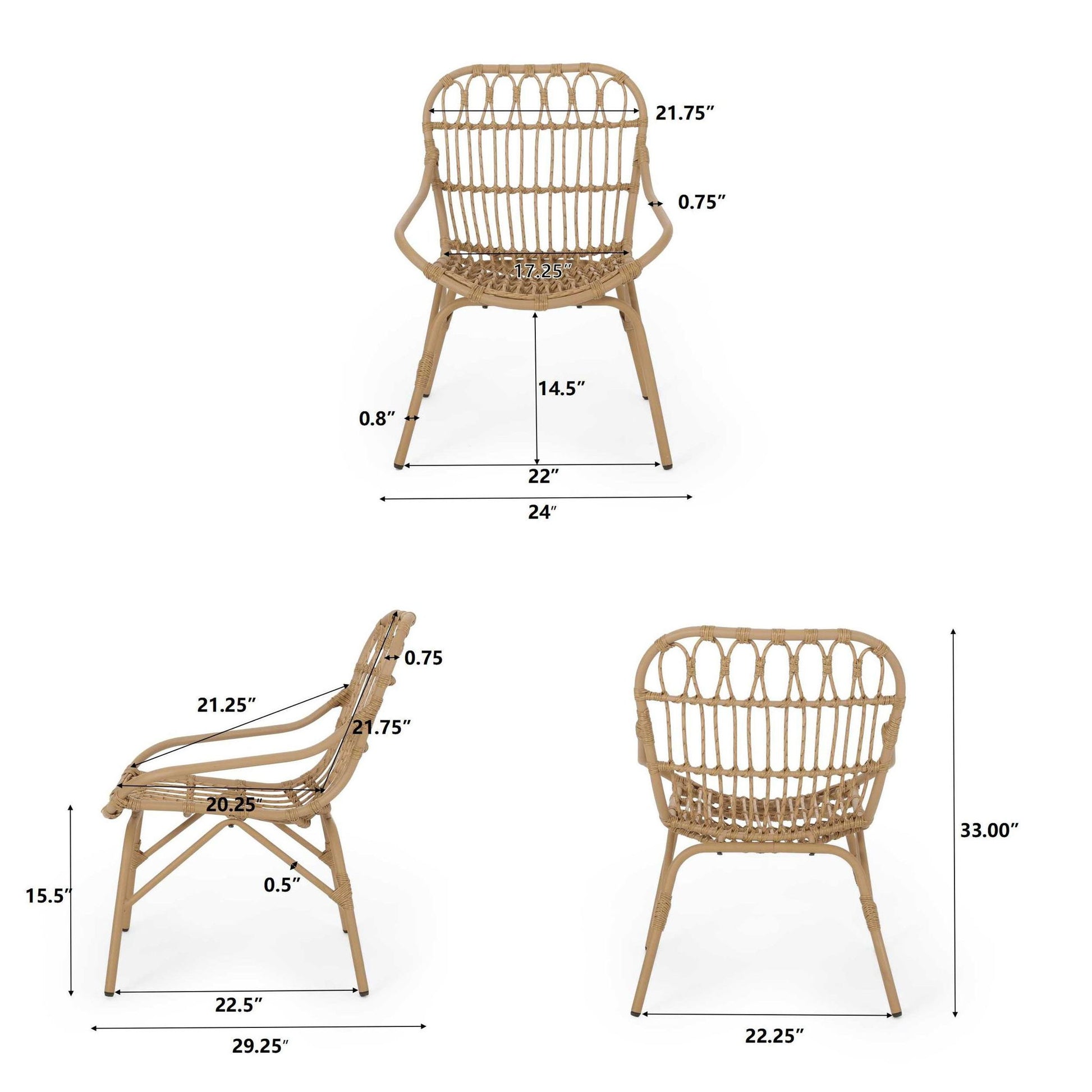 Three views of the Monsoon Outdoor Accent Chair with open weave design, rounded back, and woven details. Dimensions: 33"H x 24"W x 29.25"D; seat height 15.5", seat depth 20.25", arm height 21.75".