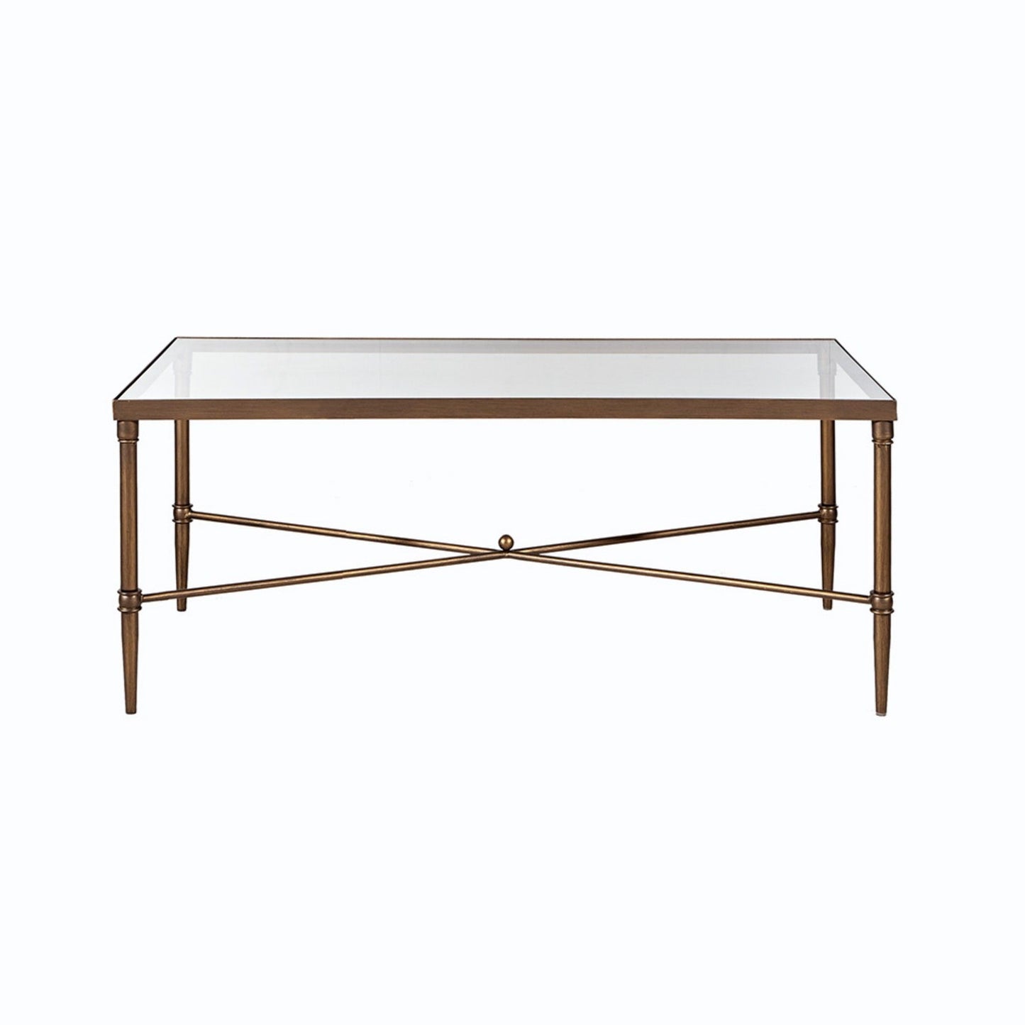 The Metal Rectangle Coffee Table With Tempered Glass Top - Bronze features a metallic bronze frame, four slender legs, and an X-shaped crossbar for support, shown against a plain white background.