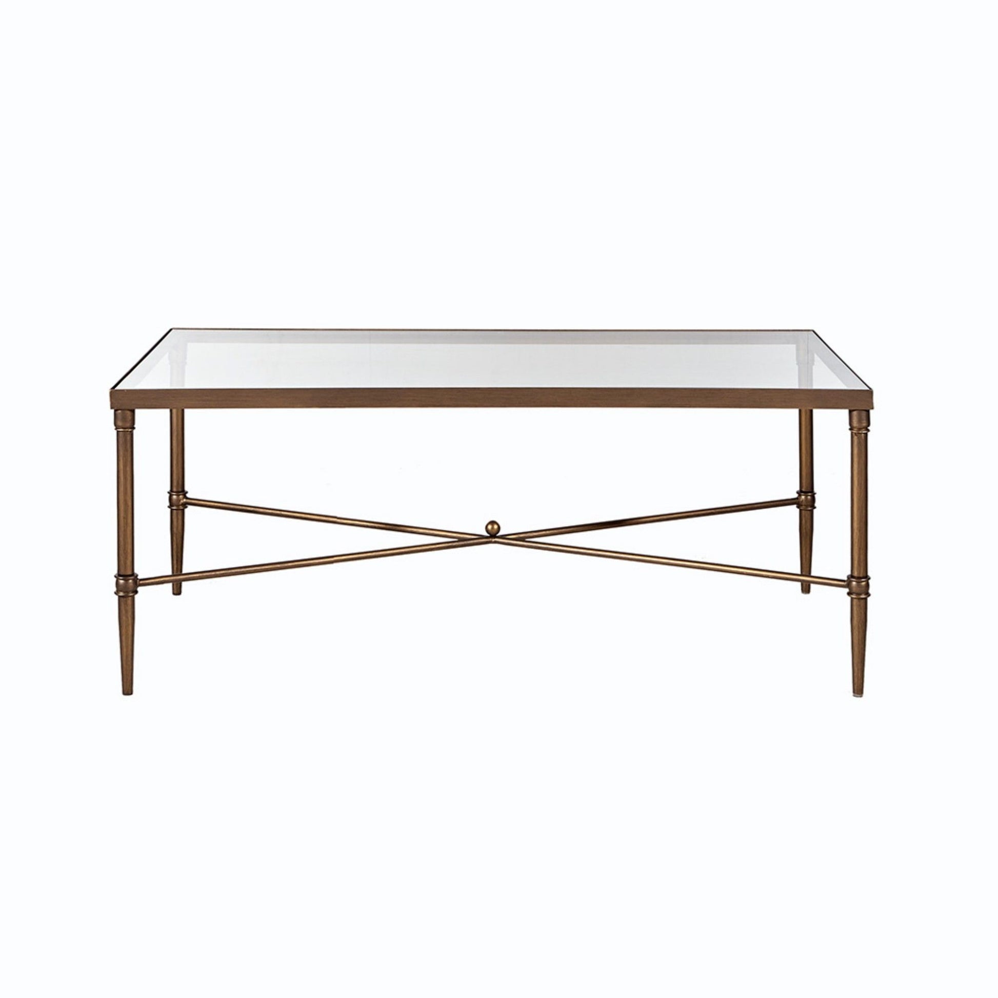 The Metal Rectangle Coffee Table With Tempered Glass Top - Bronze features a metallic bronze frame, four slender legs, and an X-shaped crossbar for support, shown against a plain white background.