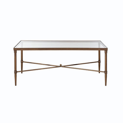 The Metal Rectangle Coffee Table With Tempered Glass Top - Bronze features a metallic bronze frame, four slender legs, and an X-shaped crossbar for support, shown against a plain white background.